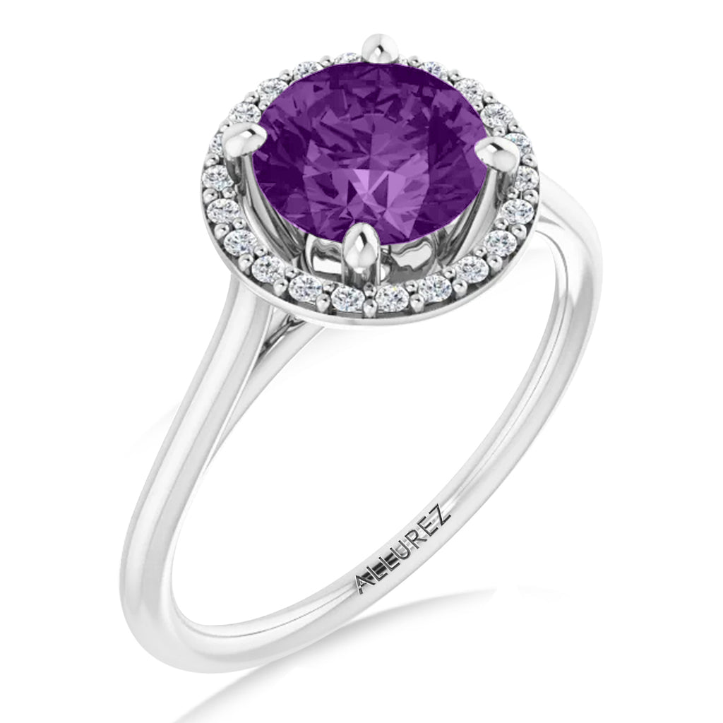 Round Lab Amethyst & Diamond Halo Ring 14K White Gold (1.31ct)