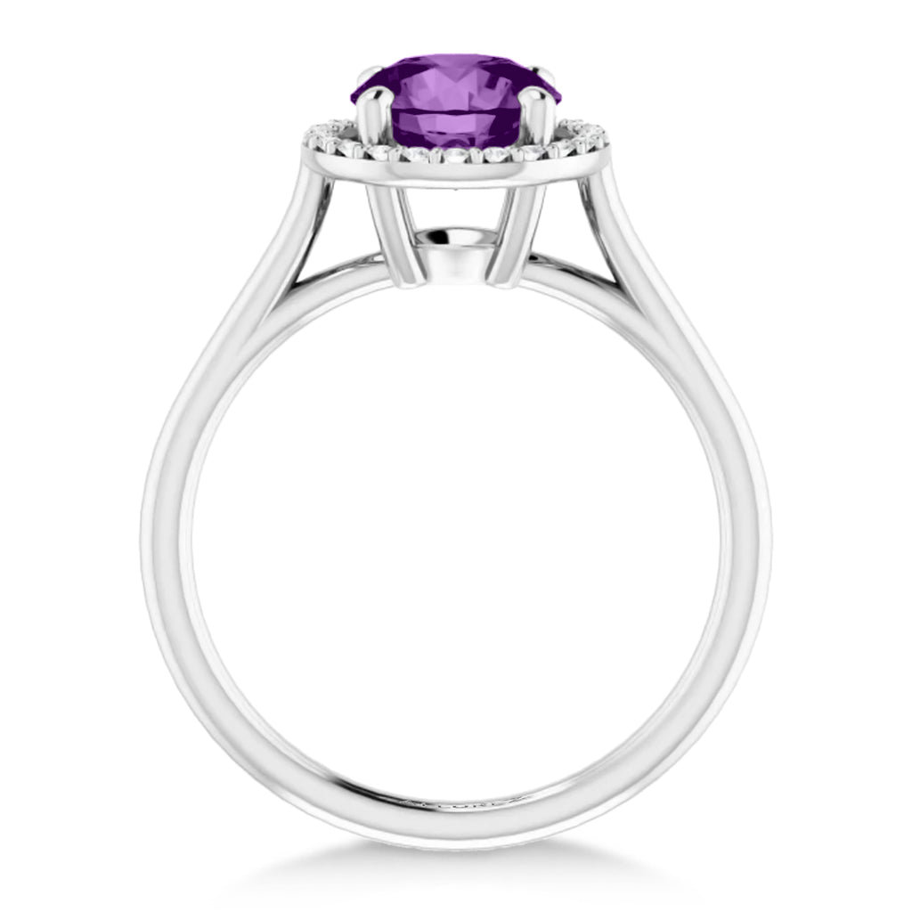Round Lab Amethyst & Diamond Halo Ring 14K White Gold (1.31ct)