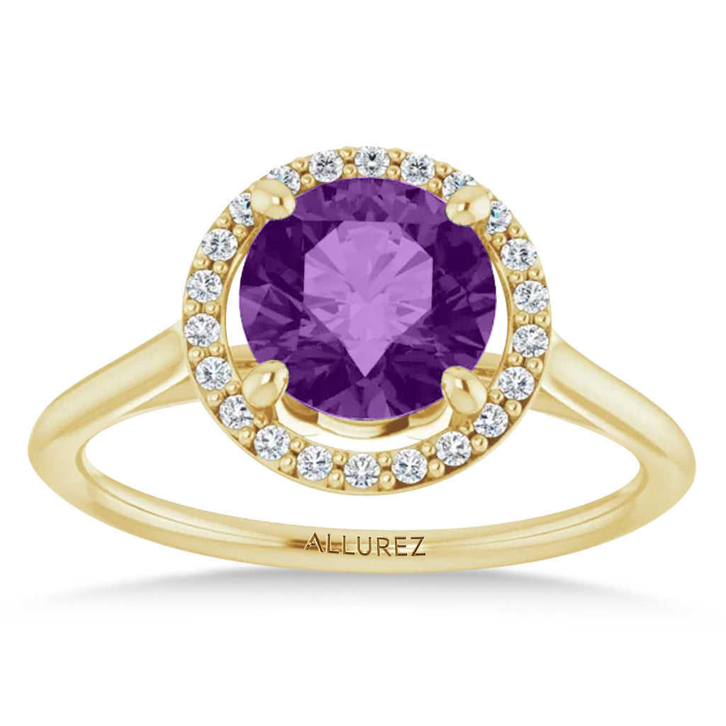 Round Lab Amethyst & Diamond Halo Ring 14K Yellow Gold (1.31ct)