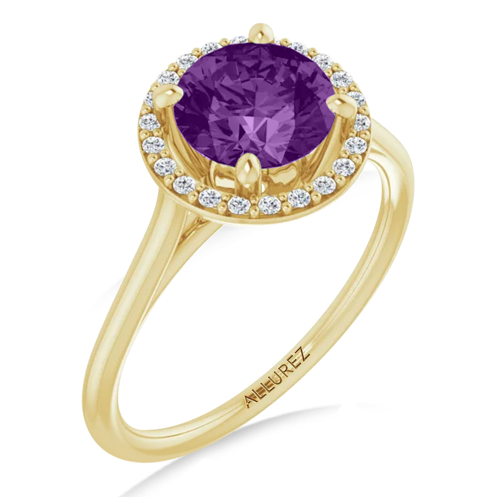 Round Lab Amethyst & Diamond Halo Ring 14K Yellow Gold (1.31ct)
