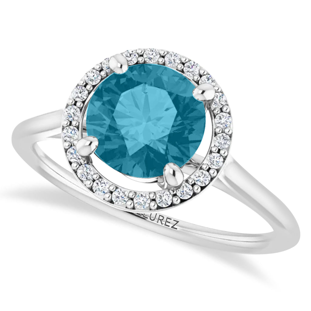 Round Lab Aquamarine & Diamond Halo Ring 14K White Gold (1.28ct)
