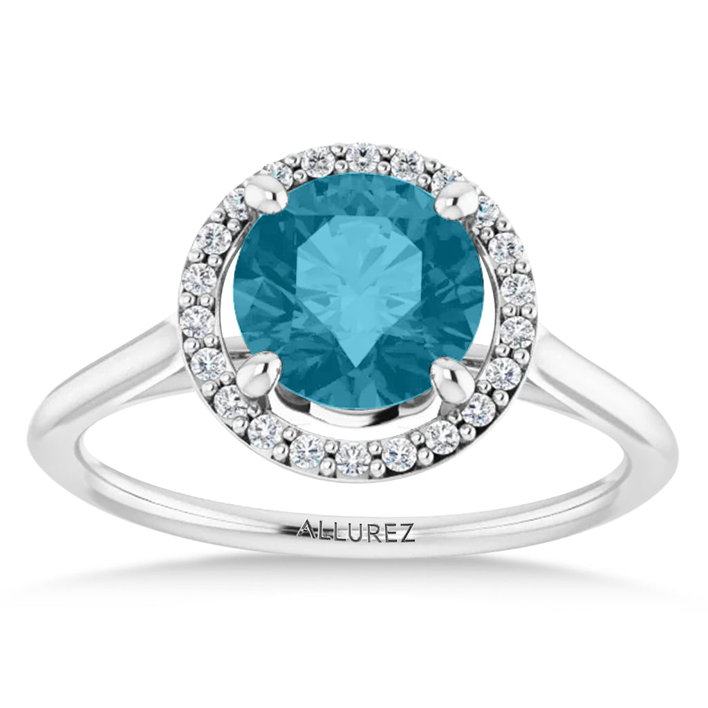 Round Lab Aquamarine & Diamond Halo Ring 14K White Gold (1.28ct)