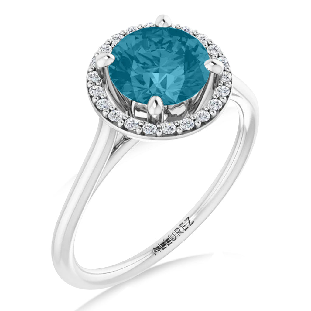 Round Lab Aquamarine & Diamond Halo Ring 14K White Gold (1.28ct)
