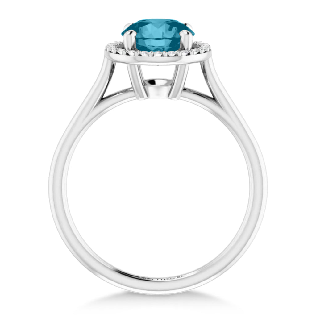 Round Lab Aquamarine & Diamond Halo Ring 14K White Gold (1.28ct)