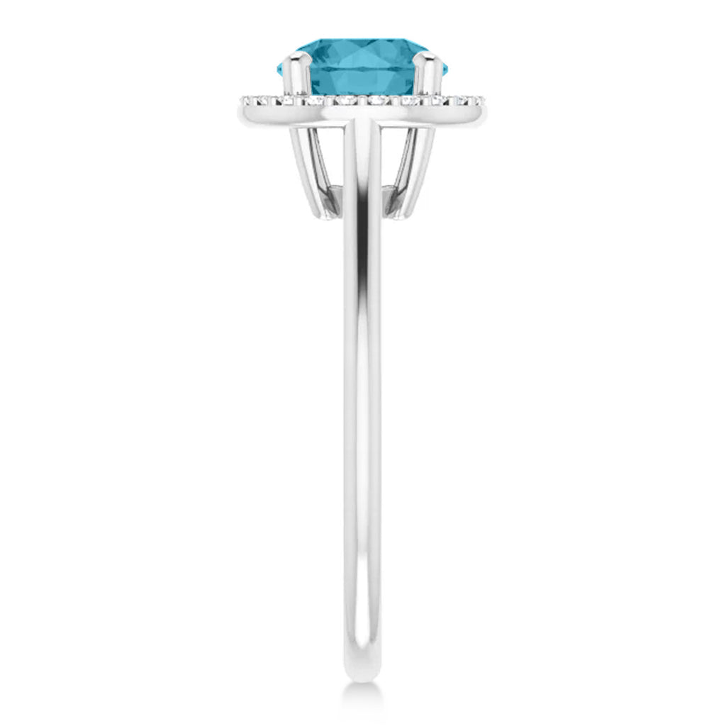 Round Lab Aquamarine & Diamond Halo Ring 14K White Gold (1.28ct)