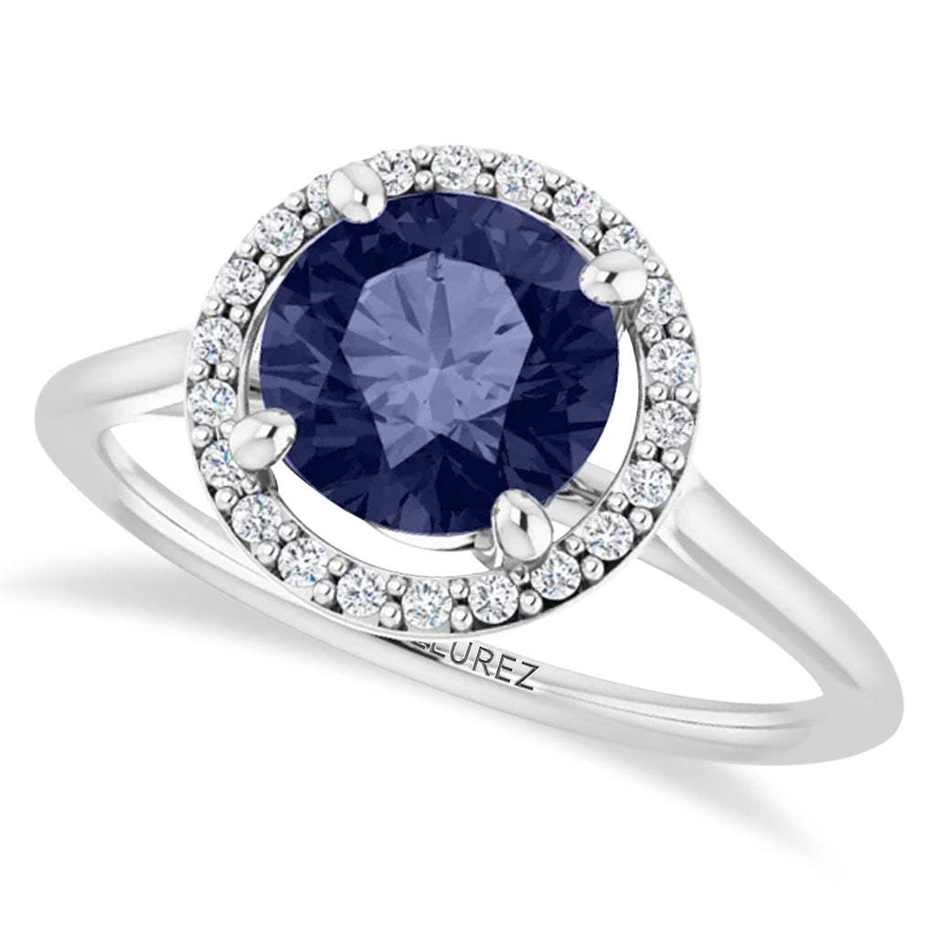 Round Lab Blue Sapphire & Diamond Halo Ring 14K White Gold (1.91ct)