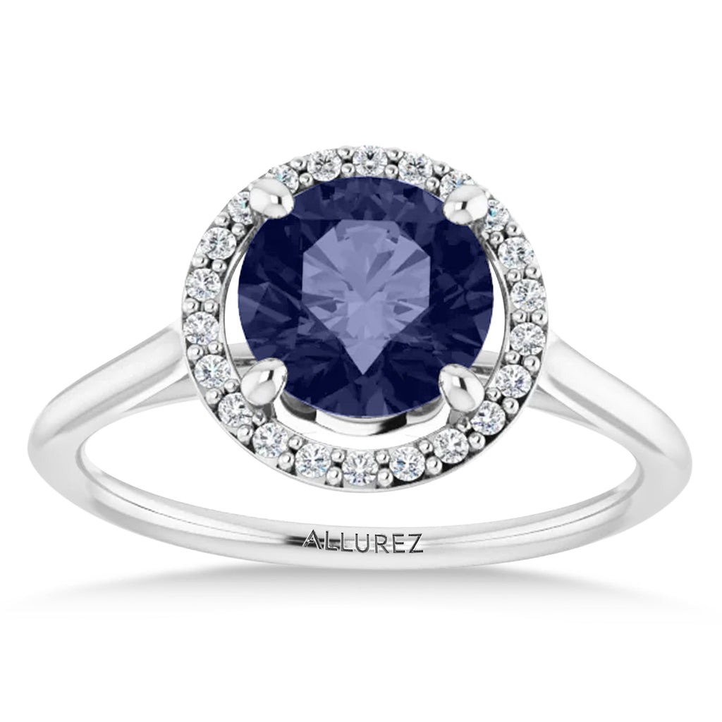 Round Lab Blue Sapphire & Diamond Halo Ring 14K White Gold (1.91ct)