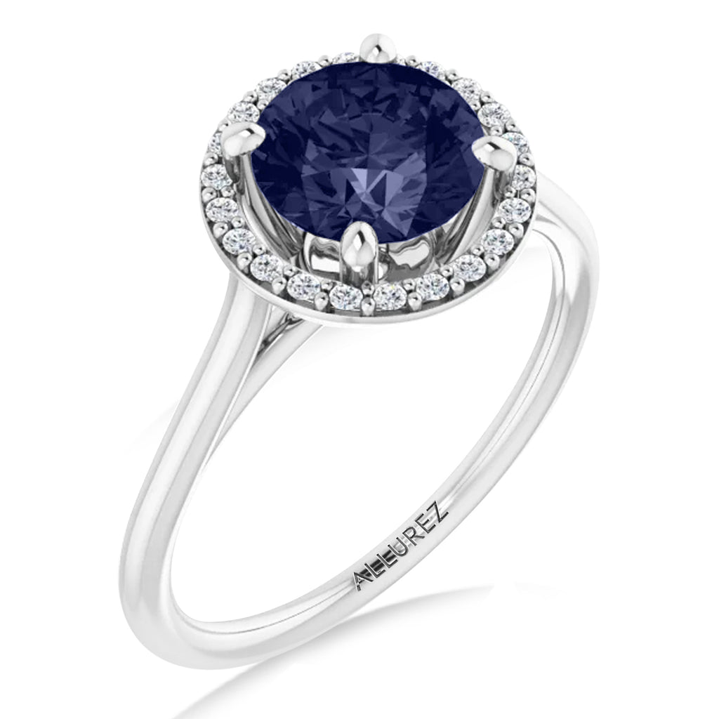 Round Lab Blue Sapphire & Diamond Halo Ring 14K White Gold (1.91ct)