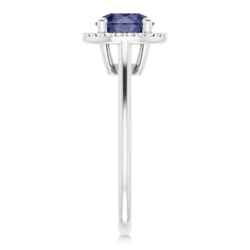 Round Lab Blue Sapphire & Diamond Halo Ring 14K White Gold (1.91ct)