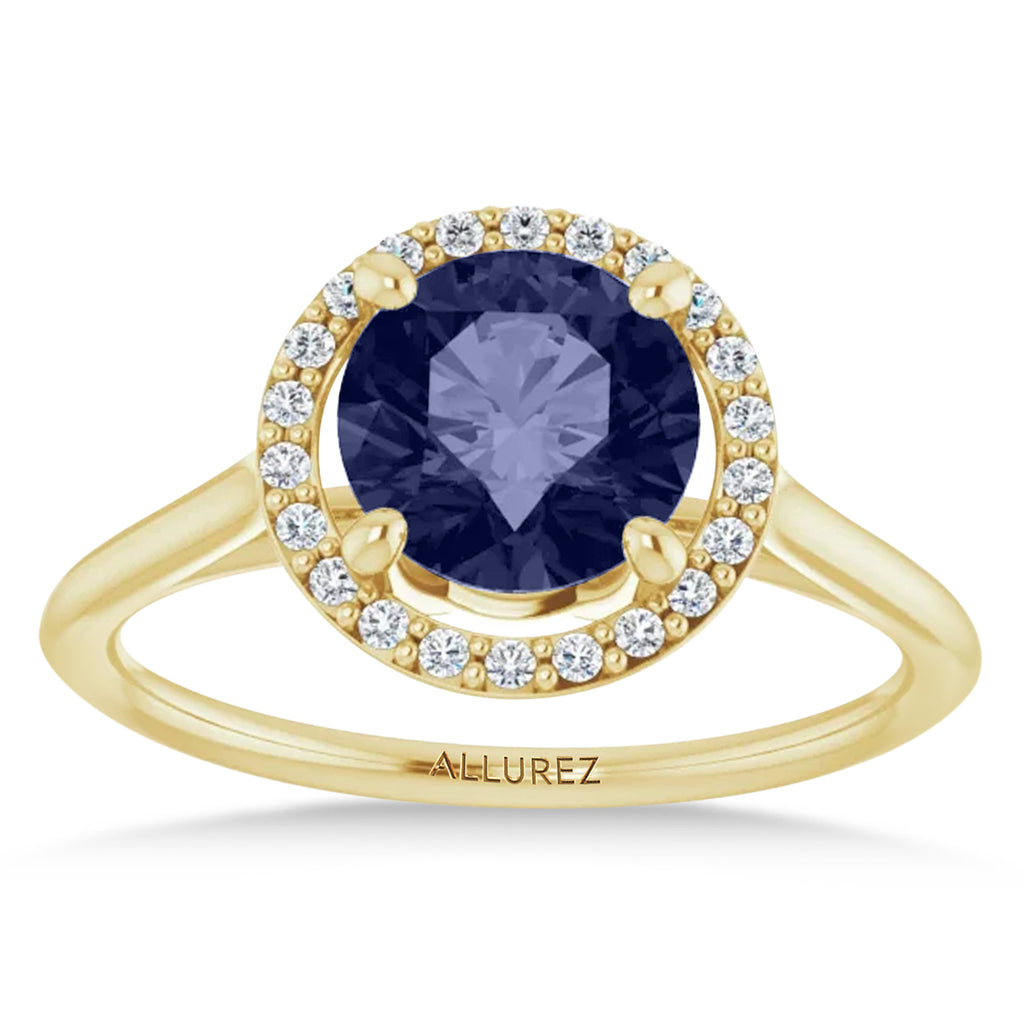 Round Lab Blue Sapphire & Diamond Halo Ring 14K Yellow Gold (1.91ct)