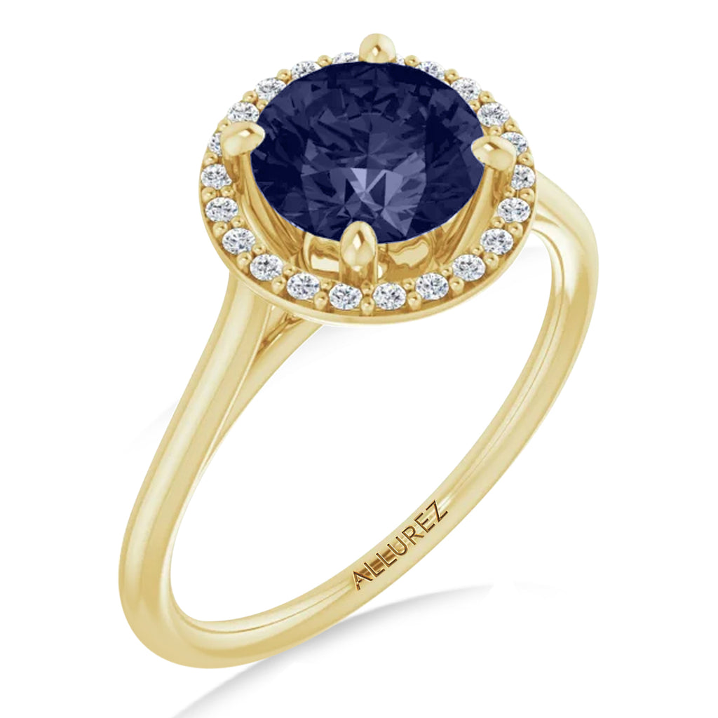 Round Lab Blue Sapphire & Diamond Halo Ring 14K Yellow Gold (1.91ct)