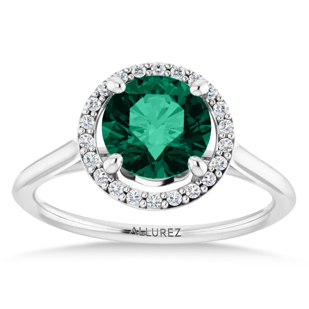 Round Lab Emerald & Diamond Halo Ring 14K White Gold (1.31ct)