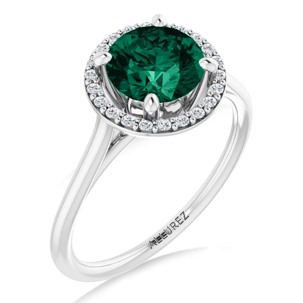 Round Lab Emerald & Diamond Halo Ring 14K White Gold (1.31ct)
