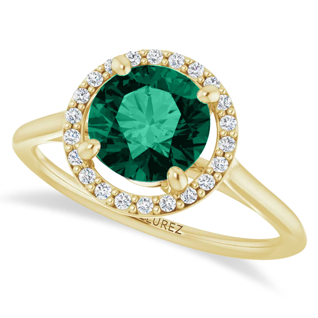 Round Lab Emerald & Diamond Halo Ring 14K Yellow Gold (1.31ct)