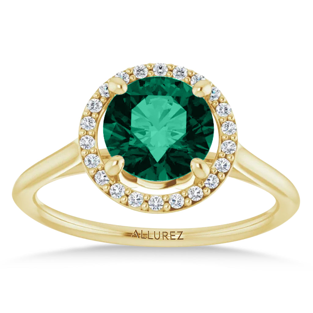 Round Lab Emerald & Diamond Halo Ring 14K Yellow Gold (1.31ct)