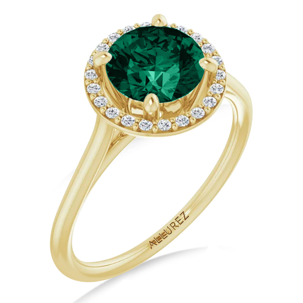 Round Lab Emerald & Diamond Halo Ring 14K Yellow Gold (1.31ct)