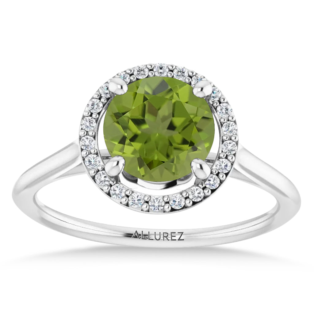 Round Lab Peridot & Diamond Halo Ring 14K White Gold (1.53ct)