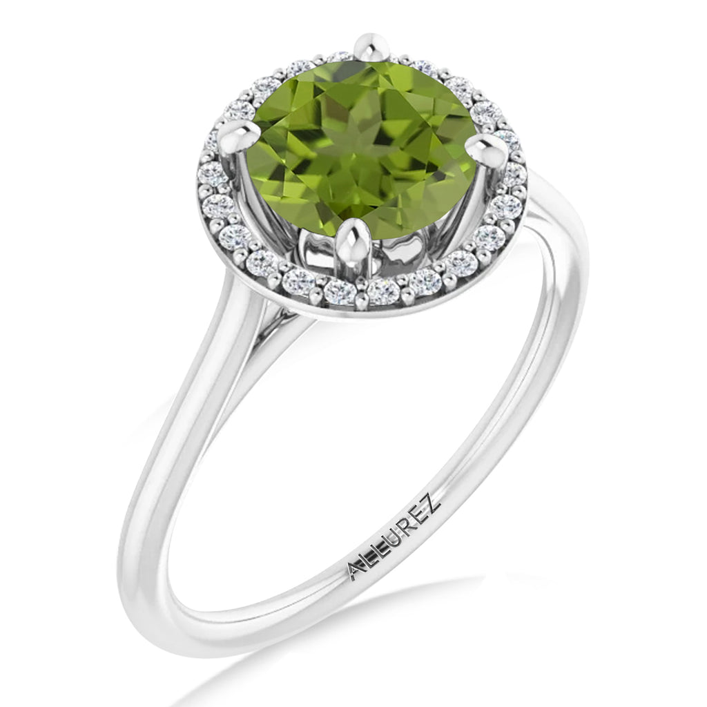 Round Lab Peridot & Diamond Halo Ring 14K White Gold (1.53ct)