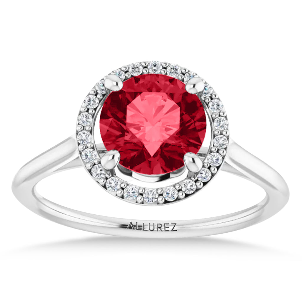 Round Lab Ruby & Diamond Halo Ring 14K White Gold (1.91ct)