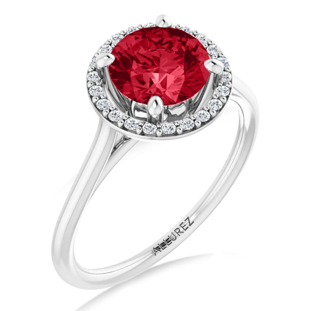 Round Lab Ruby & Diamond Halo Ring 14K White Gold (1.91ct)