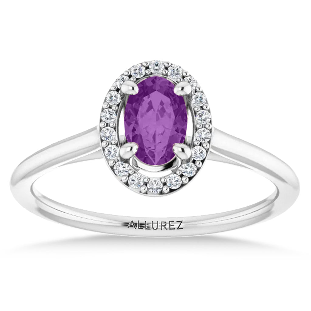 Oval Lab Amethyst & Diamond Halo Ring 14K White Gold (0.54ct)