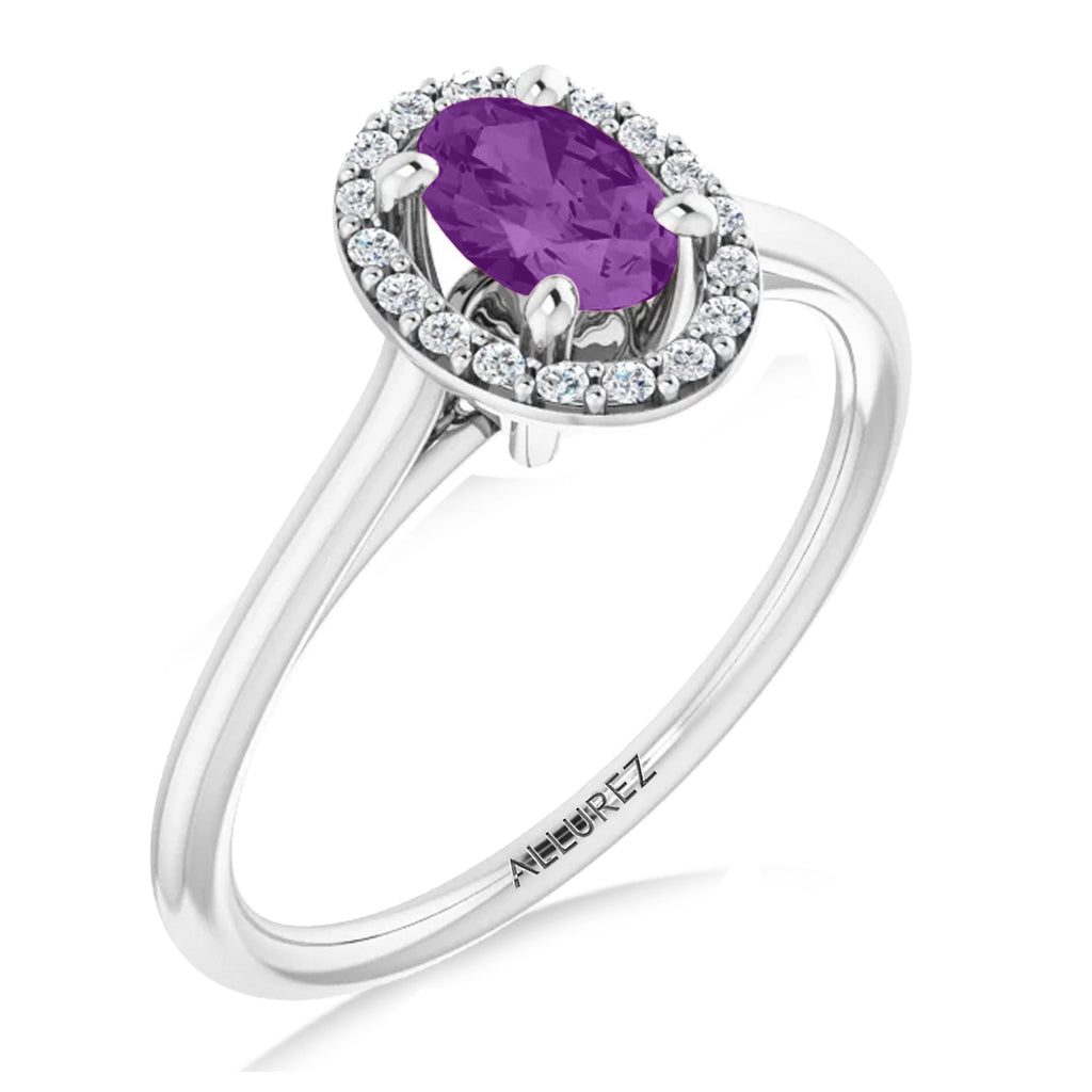 Oval Lab Amethyst & Diamond Halo Ring 14K White Gold (0.54ct)