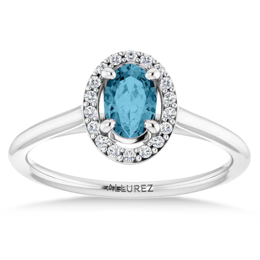 Oval Lab Aquamarine & Diamond Halo Ring 14K White Gold (0.49ct)