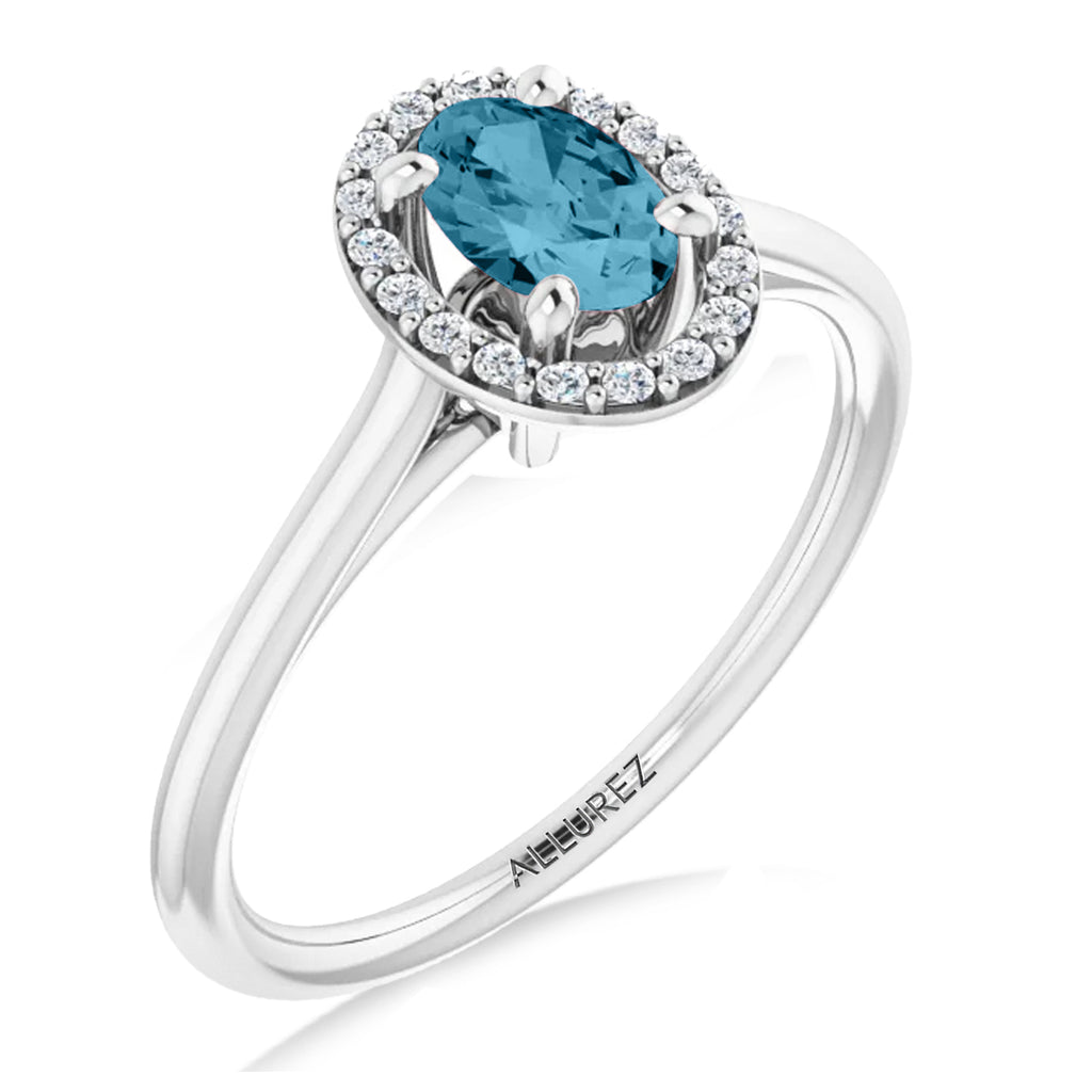 Oval Lab Aquamarine & Diamond Halo Ring 14K White Gold (0.49ct)