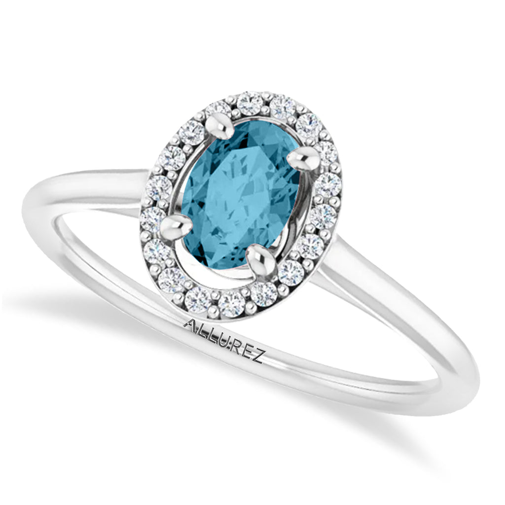 Oval Lab Aquamarine & Diamond Halo Ring 14K White Gold (0.49ct)