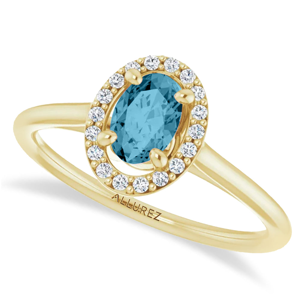 Oval Lab Aquamarine & Diamond Halo Ring 14K Yellow Gold (0.49ct)