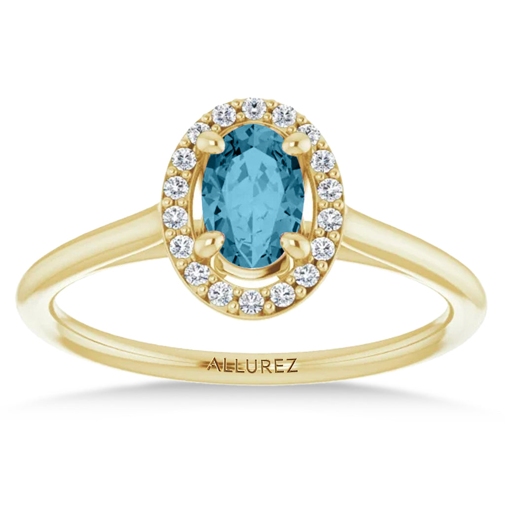 Oval Lab Aquamarine & Diamond Halo Ring 14K Yellow Gold (0.49ct)