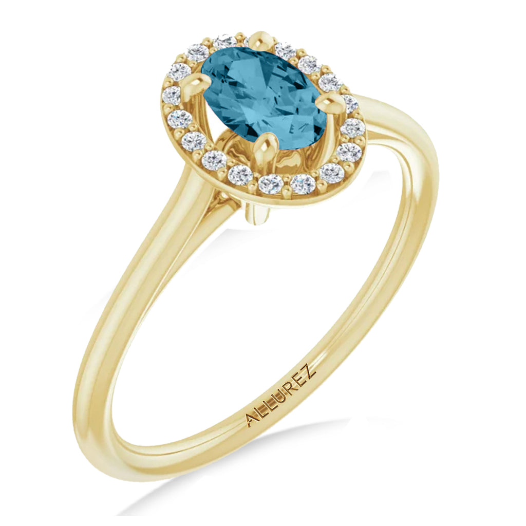 Oval Lab Aquamarine & Diamond Halo Ring 14K Yellow Gold (0.49ct)
