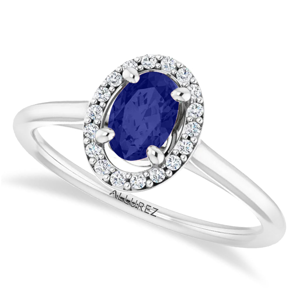 Oval Lab Blue Sapphire & Diamond Halo Ring 14K White Gold (0.65ct)