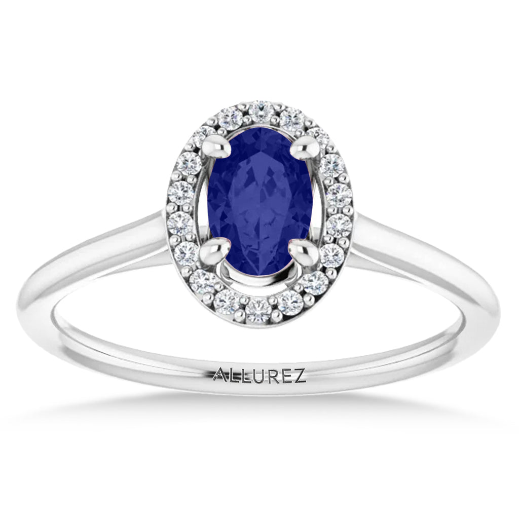 Oval Lab Blue Sapphire & Diamond Halo Ring 14K White Gold (0.65ct)