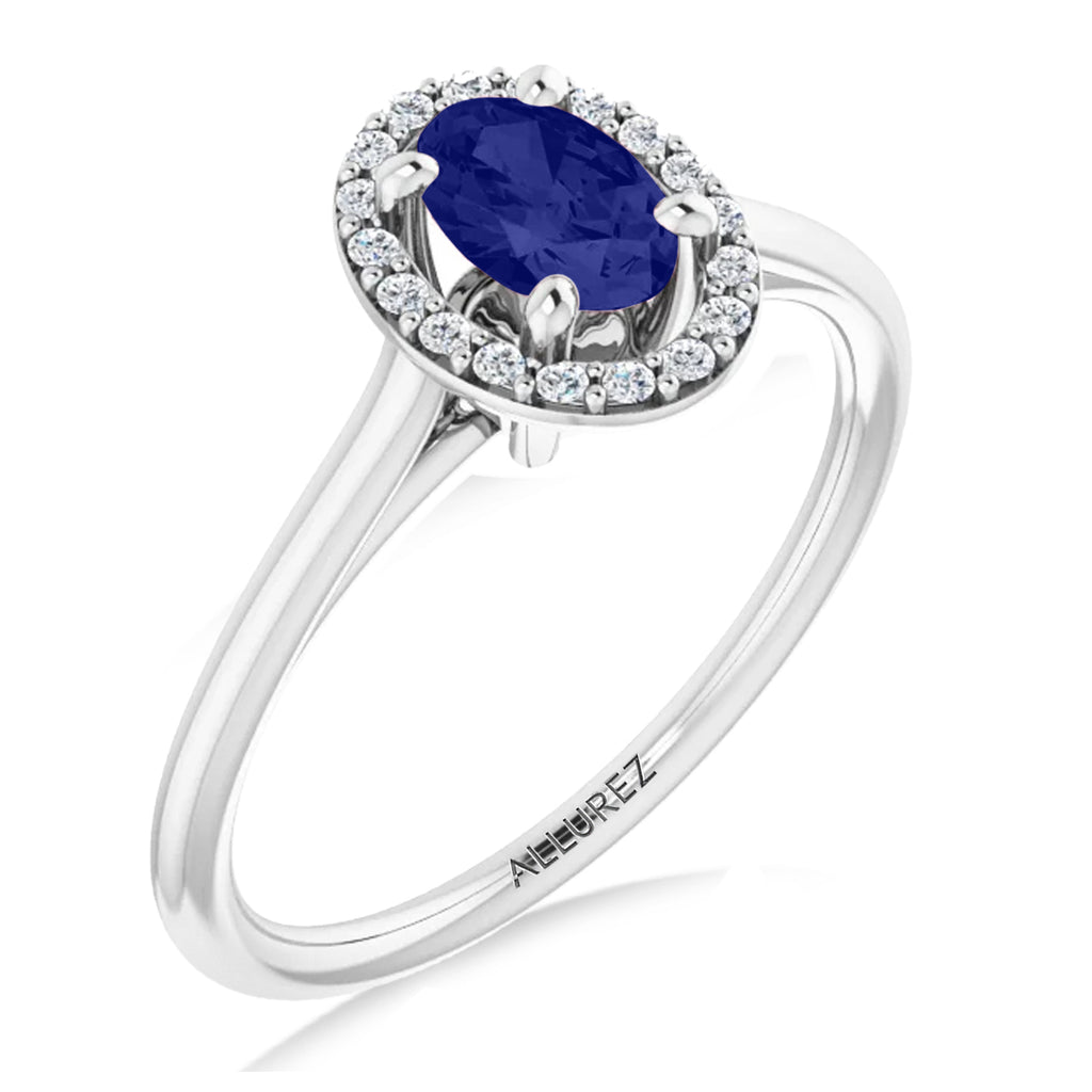 Oval Lab Blue Sapphire & Diamond Halo Ring 14K White Gold (0.65ct)