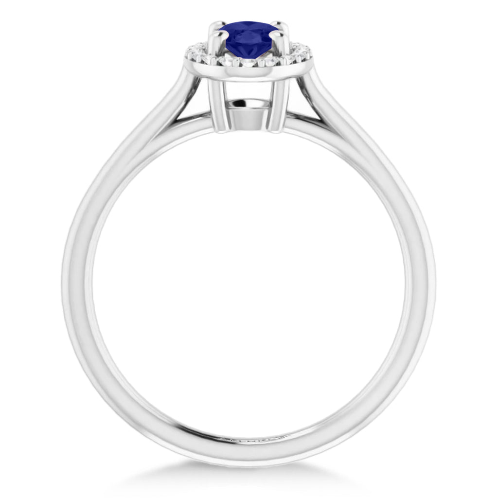 Oval Lab Blue Sapphire & Diamond Halo Ring 14K White Gold (0.65ct)