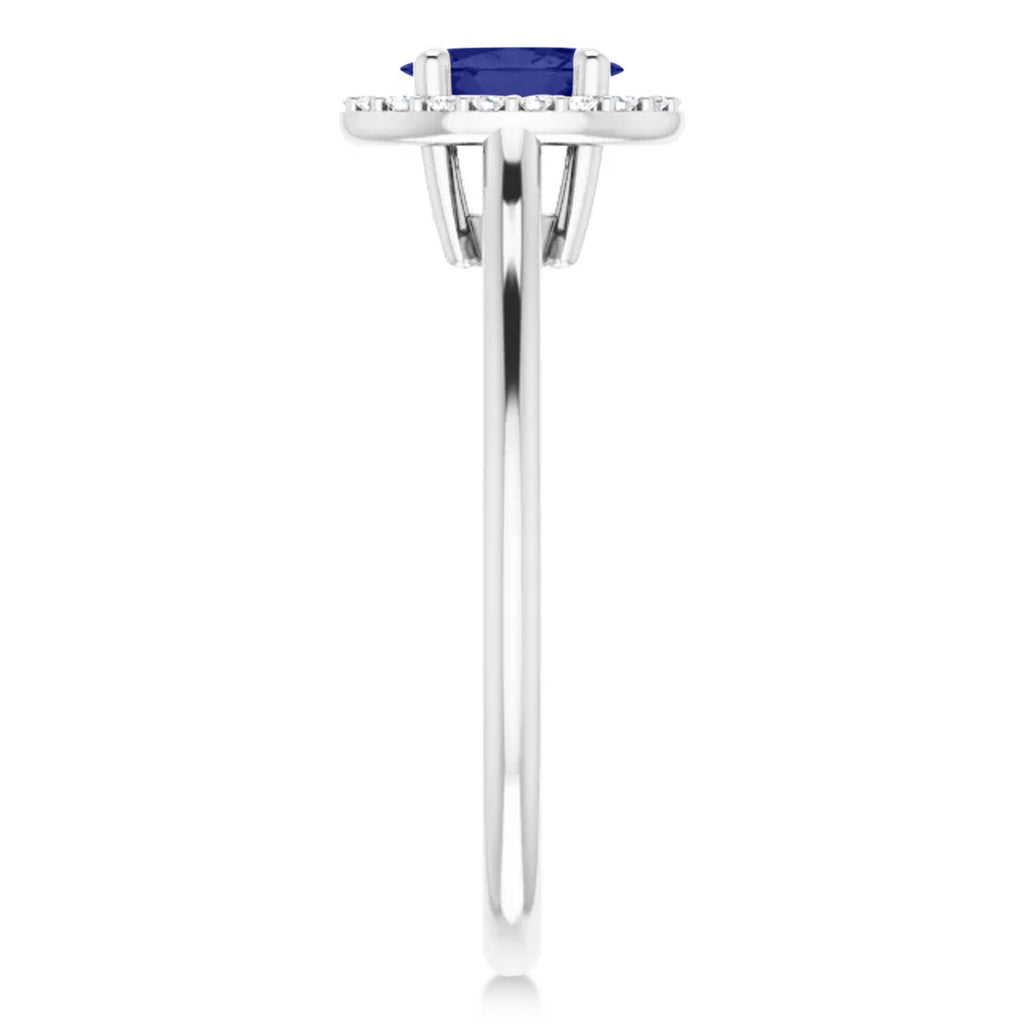 Oval Lab Blue Sapphire & Diamond Halo Ring 14K White Gold (0.65ct)