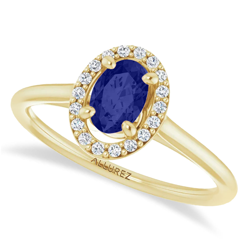 Oval Lab Blue Sapphire & Diamond Halo Ring 14K Yellow Gold (0.65ct)