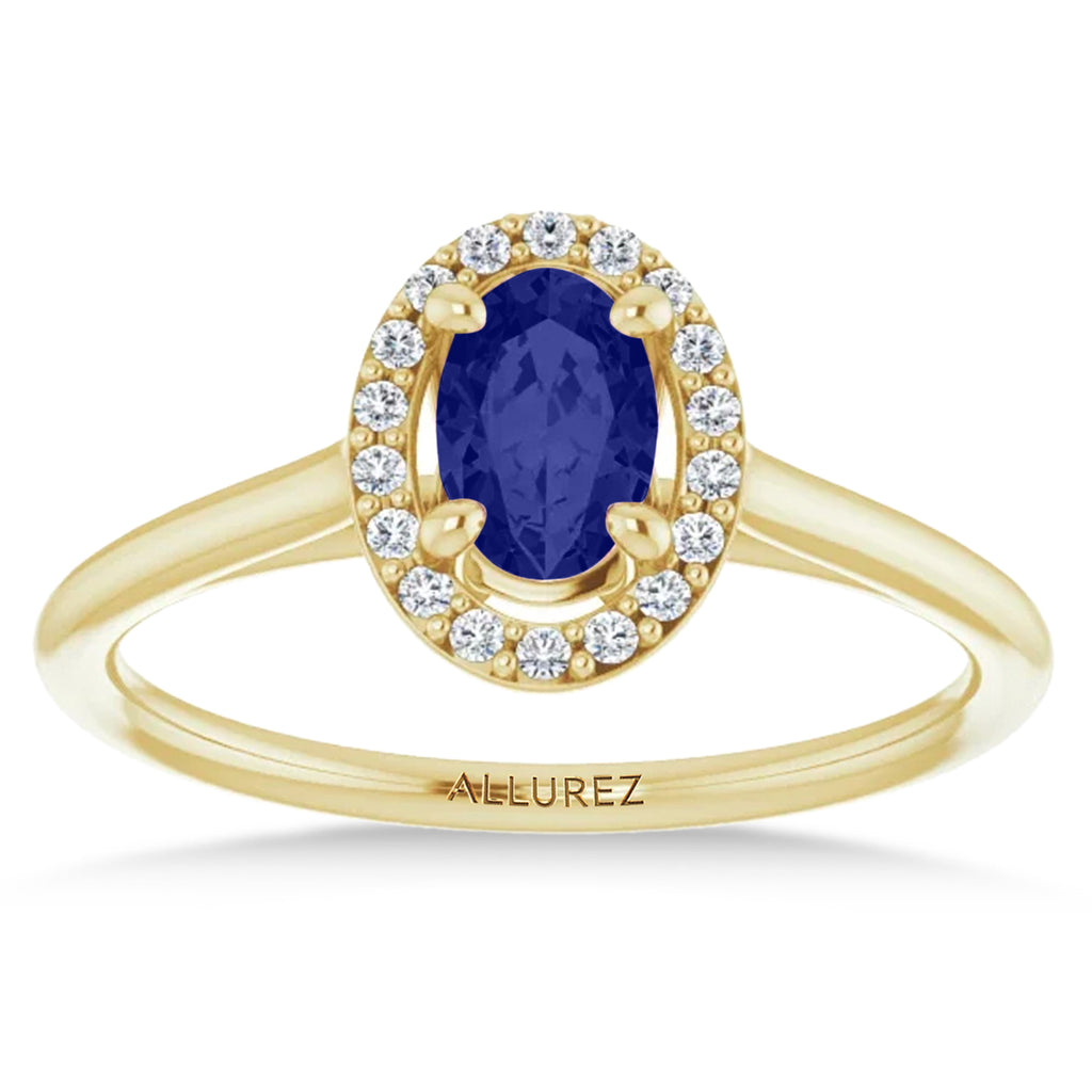 Oval Lab Blue Sapphire & Diamond Halo Ring 14K Yellow Gold (0.65ct)