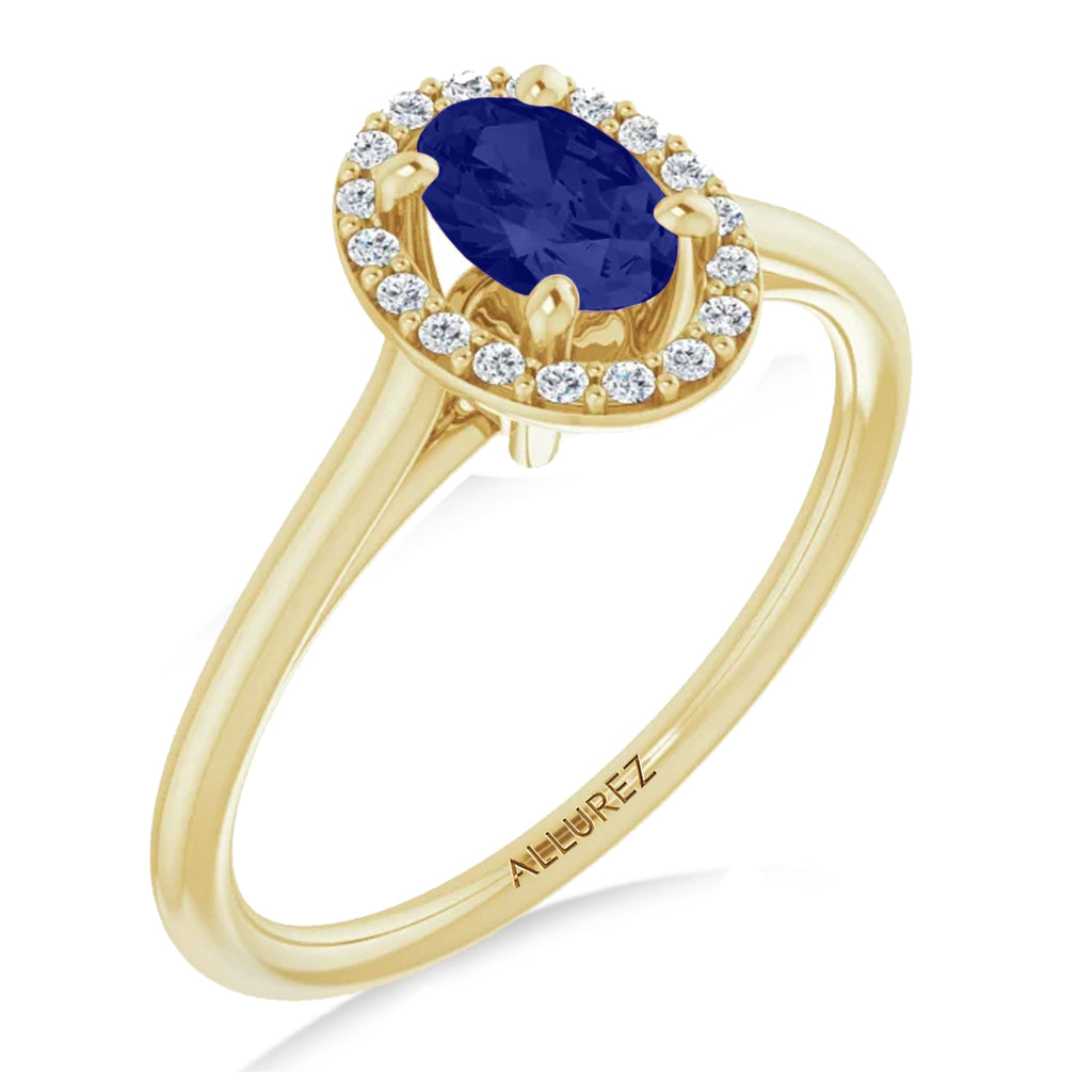 Oval Lab Blue Sapphire & Diamond Halo Ring 14K Yellow Gold (0.65ct)