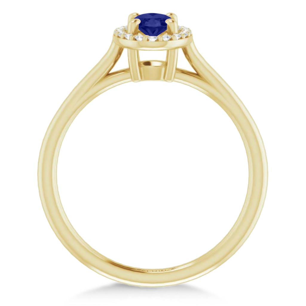 Oval Lab Blue Sapphire & Diamond Halo Ring 14K Yellow Gold (0.65ct)