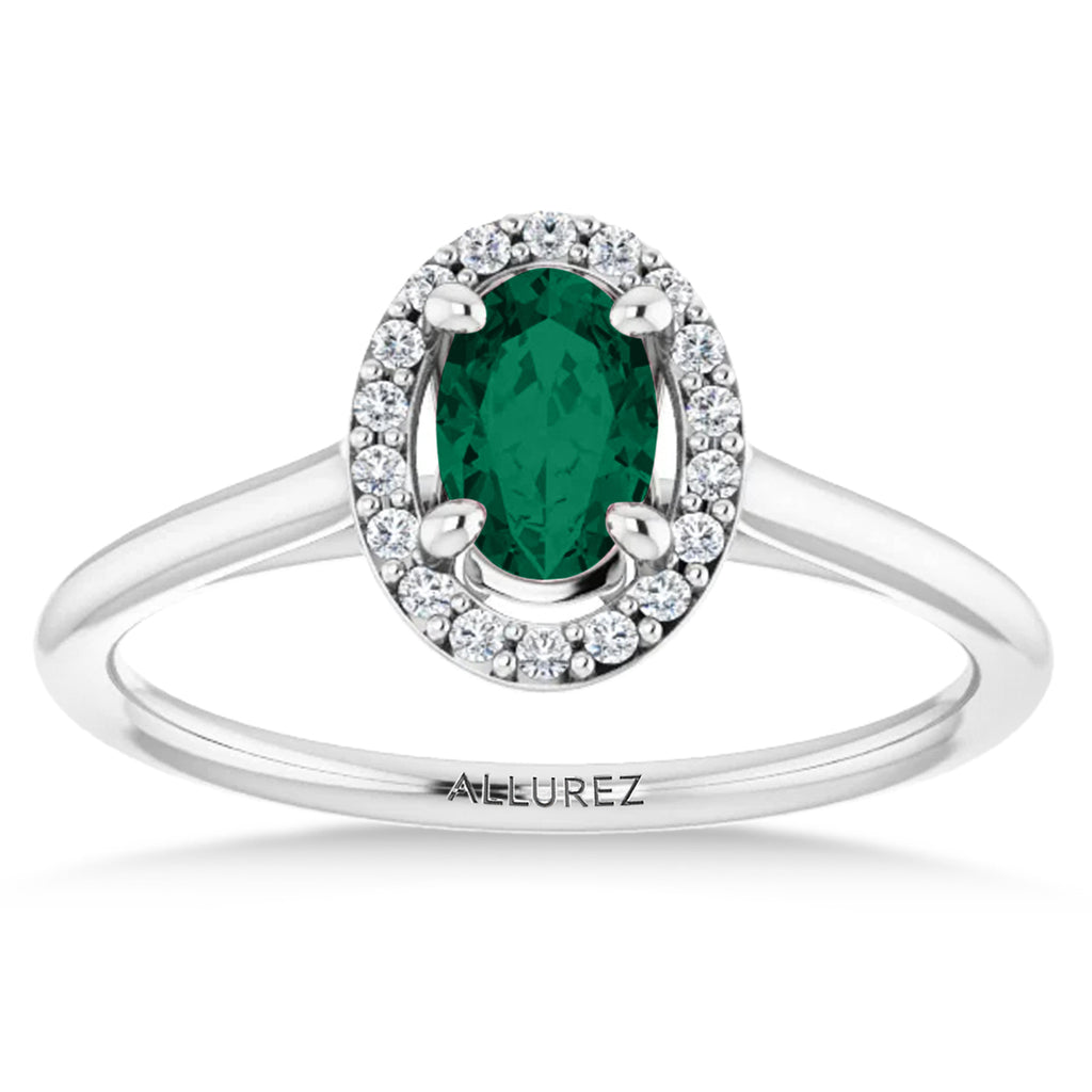 Oval Lab Emerald & Diamond Halo Ring 14K White Gold (0.48ct)