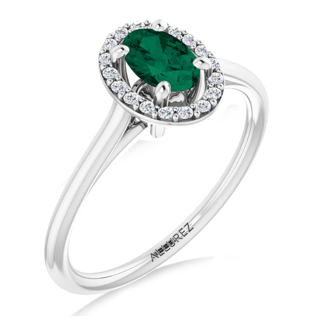 Oval Lab Emerald & Diamond Halo Ring 14K White Gold (0.48ct)