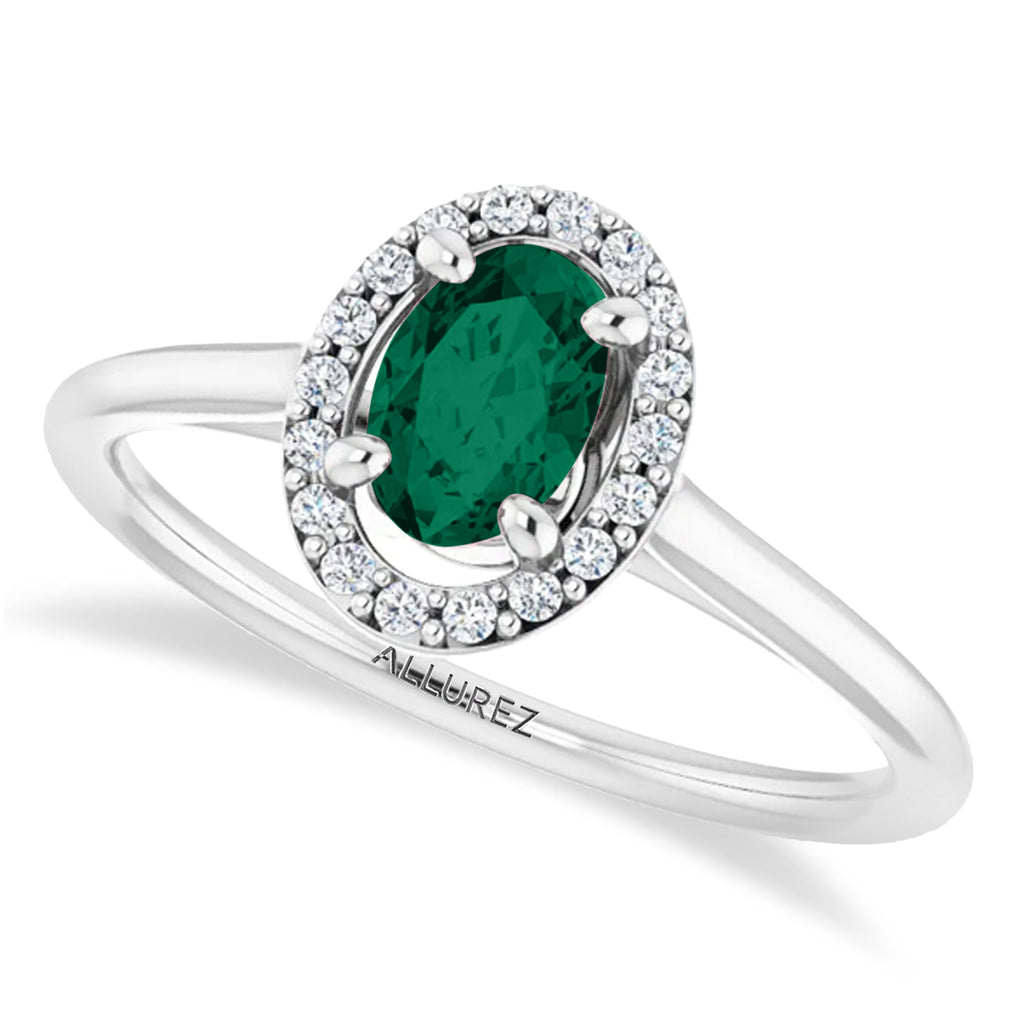 Oval Lab Emerald & Diamond Halo Ring 14K White Gold (0.48ct)