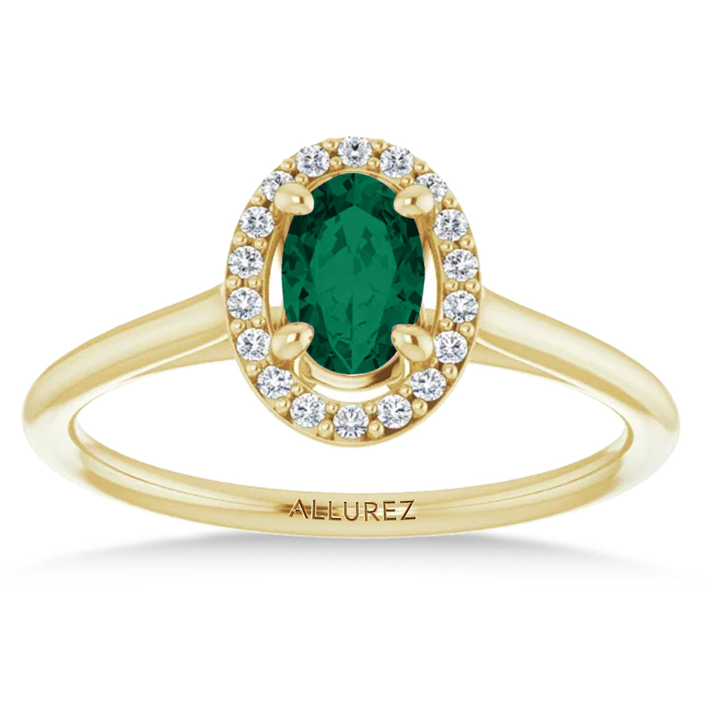Oval Lab Emerald & Diamond Halo Ring 14K Yellow Gold (0.48ct)