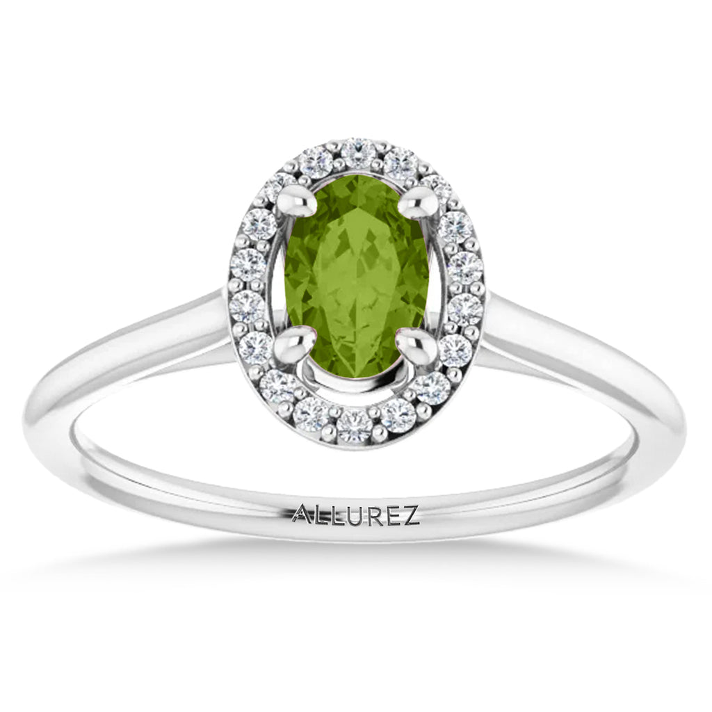 Oval Lab Peridot & Diamond Halo Ring 14K White Gold (0.61ct)