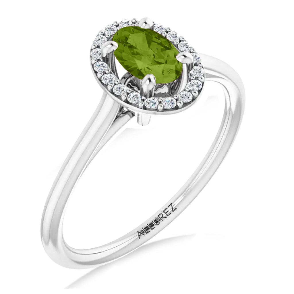 Oval Lab Peridot & Diamond Halo Ring 14K White Gold (0.61ct)