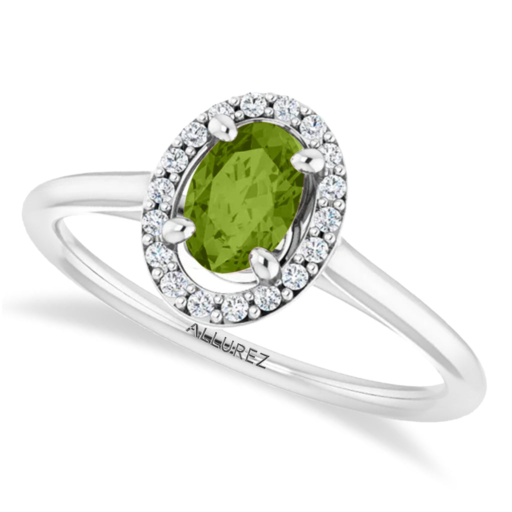 Oval Lab Peridot & Diamond Halo Ring 14K White Gold (0.61ct)