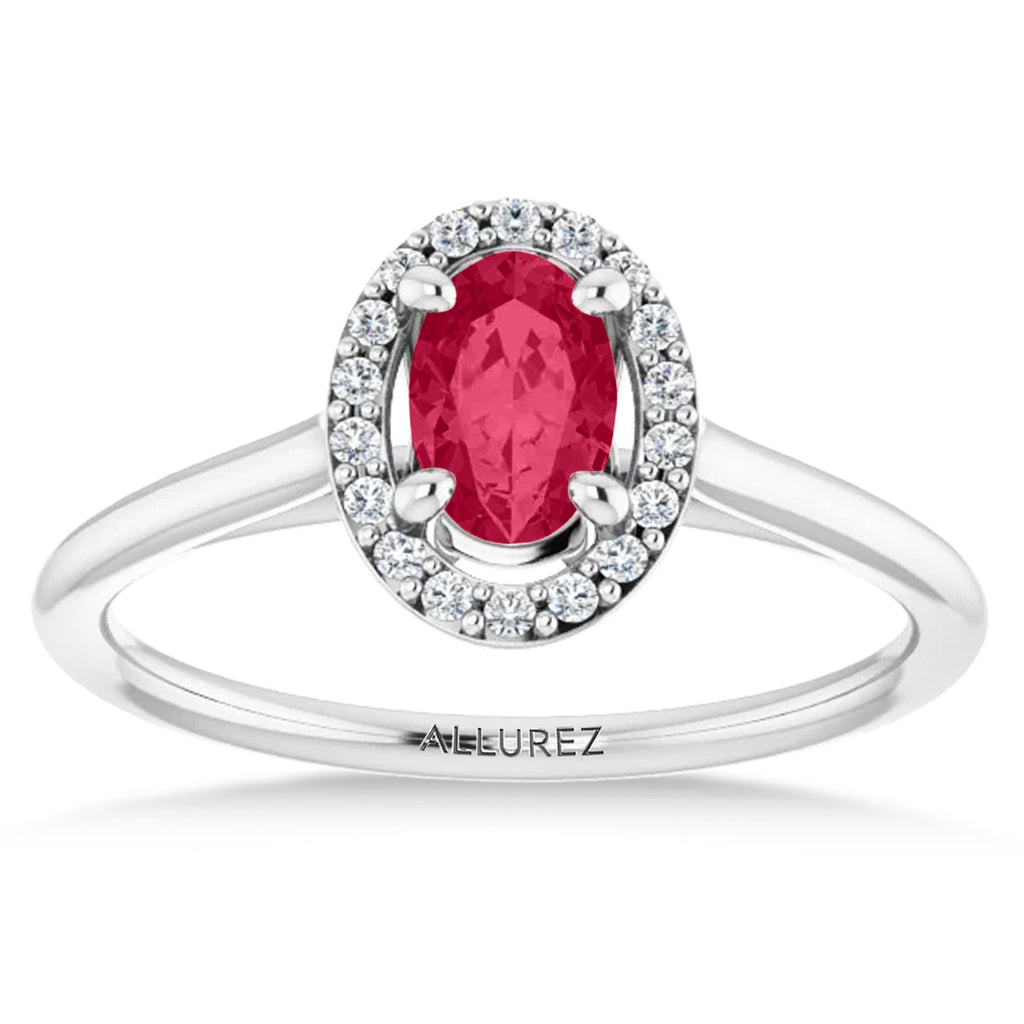 Oval Lab Ruby & Diamond Halo Ring 14K White Gold (0.69ct)