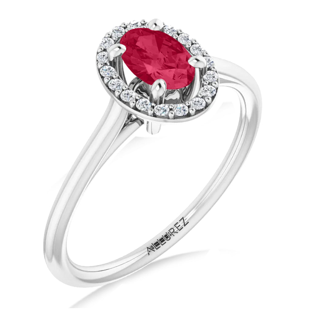 Oval Lab Ruby & Diamond Halo Ring 14K White Gold (0.69ct)